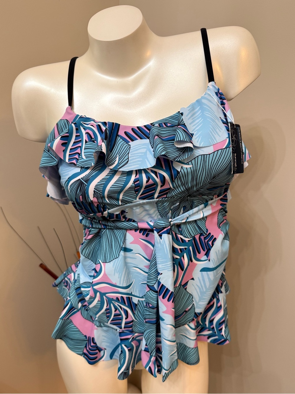 NWT Summer Mae Pink Teal Tropical Maternity Bathing Suit Top Sz Med Ruffle Adj